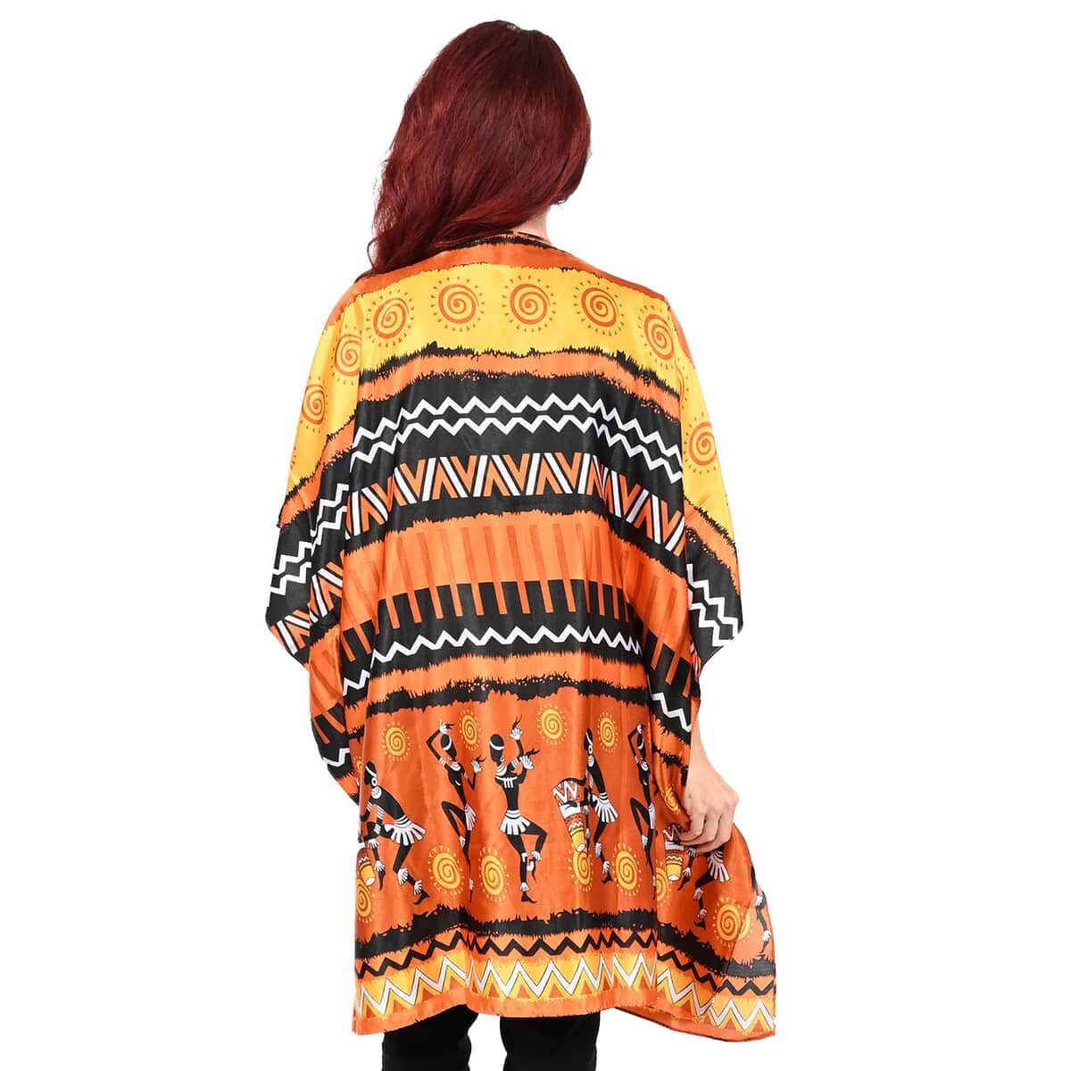 Winlar Orange Tribal Print V-Neck Short Satin Kaftan - One Size Fits Most image number 1