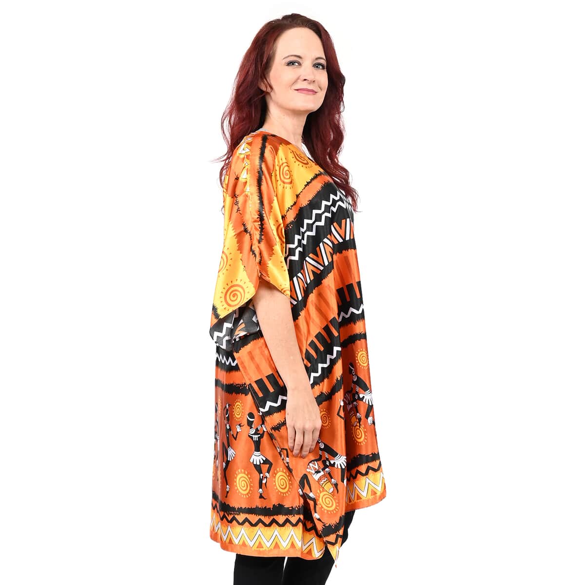 Winlar Orange Tribal Print V-Neck Short Satin Kaftan - One Size Fits Most image number 2