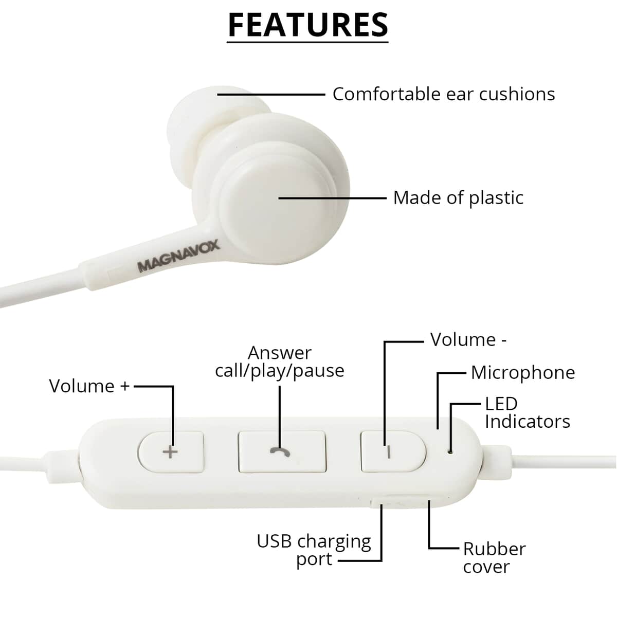 Magnavox Extreme Bass Bluetooth Earbuds with Microphone - White image number 2