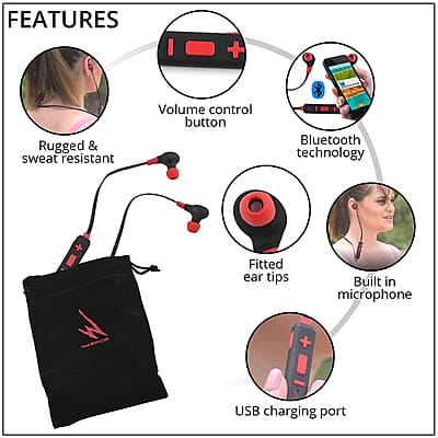 Closeout iHip Warrior Red and Black Bluetooth Sport Earbuds, Best Workout Earbuds For Running, Foldable Earbuds