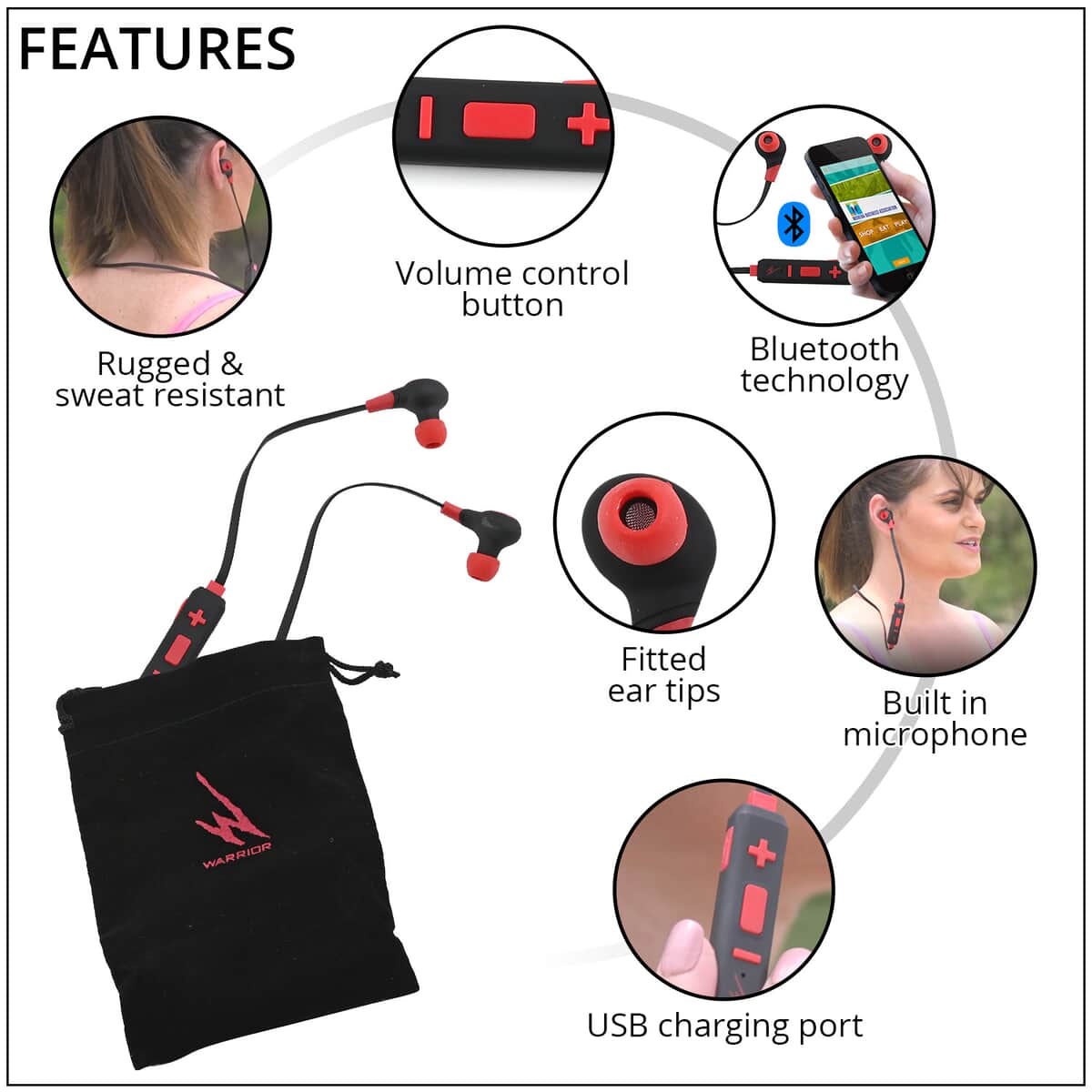 iHip Warrior Red and Black Bluetooth Sport Earbuds, Best Workout Earbuds For Running, Foldable Earbuds image number 2