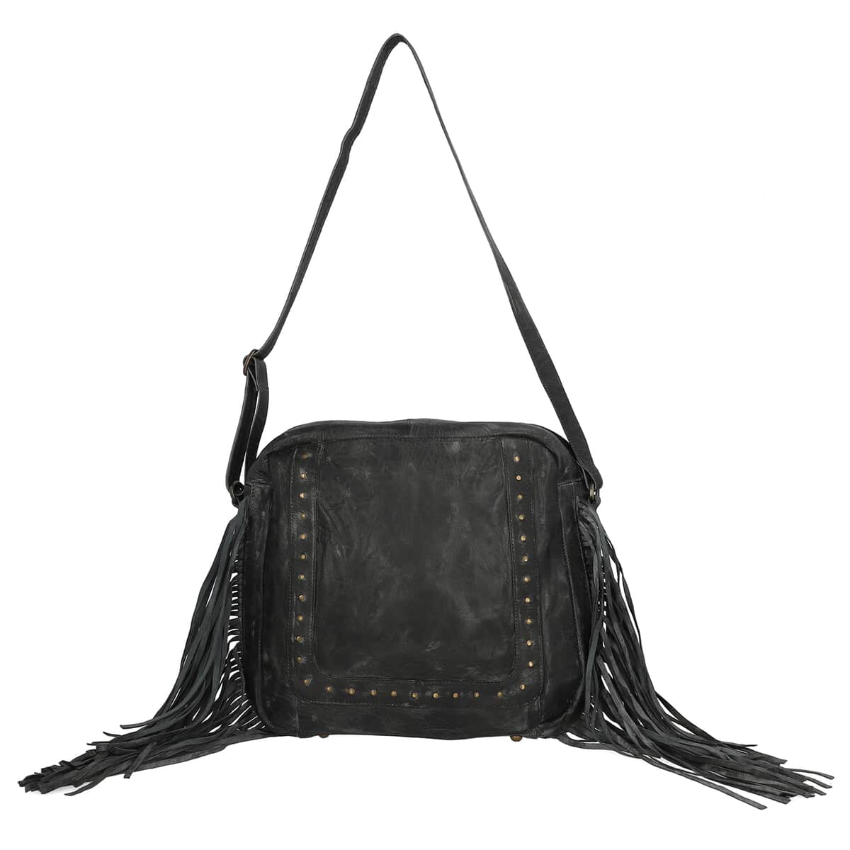 "100% Genuine Leather Shoulder Bag with Fringes SIZE: 13(L)x4(W)x11.5(H) inches COLOR: Black" image number 0