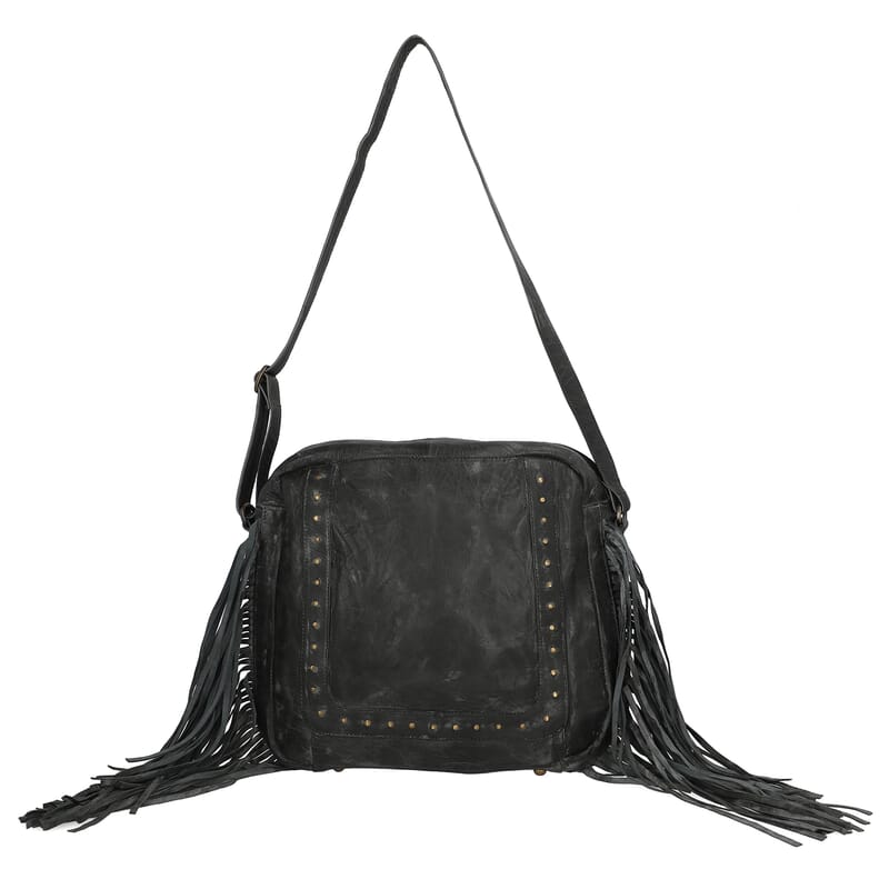 Black Genuine Leather Shoulder Bag with Fringes