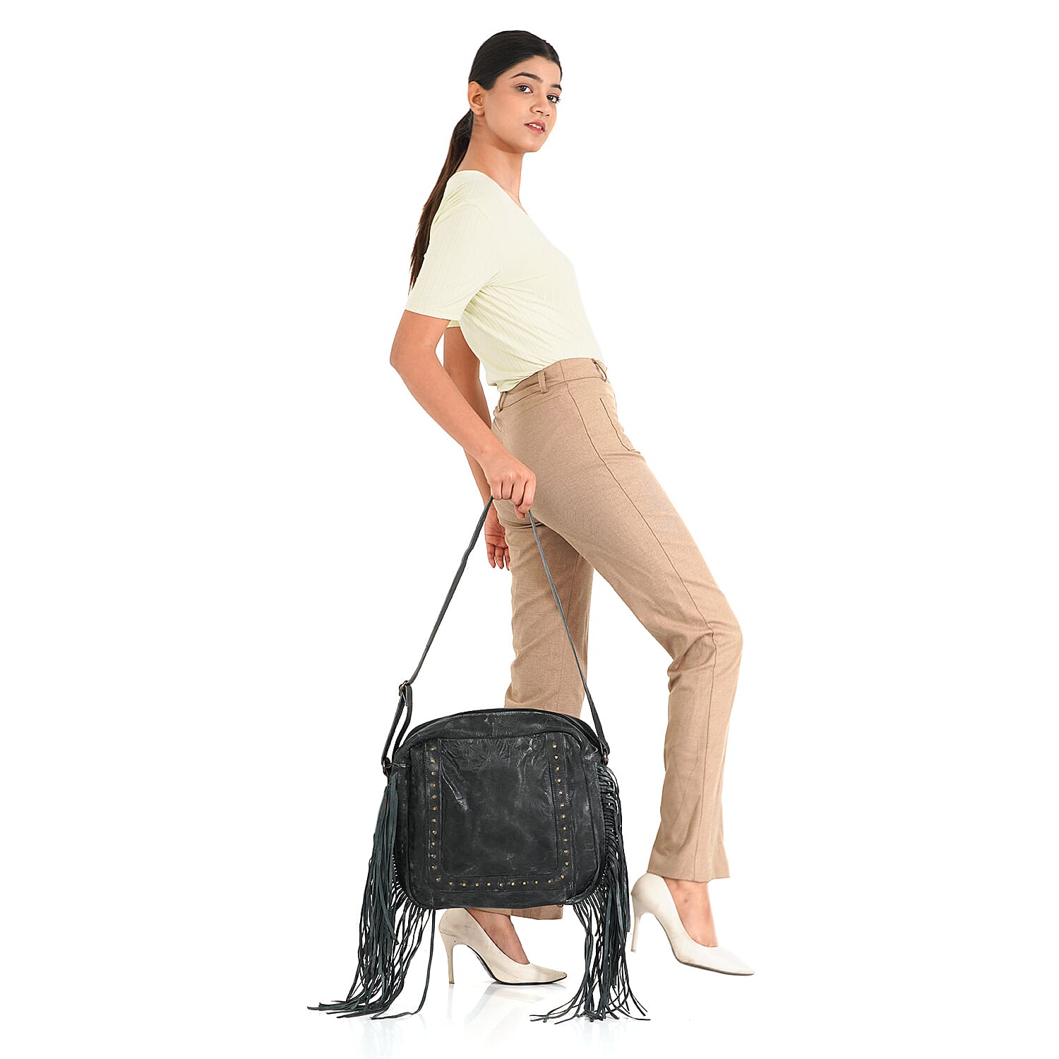 Black Genuine Leather Shoulder Bag with Fringes
