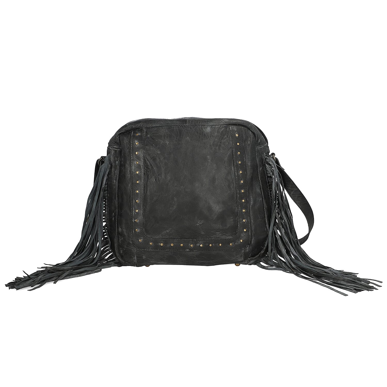 Black Genuine Leather Shoulder Bag with Fringes