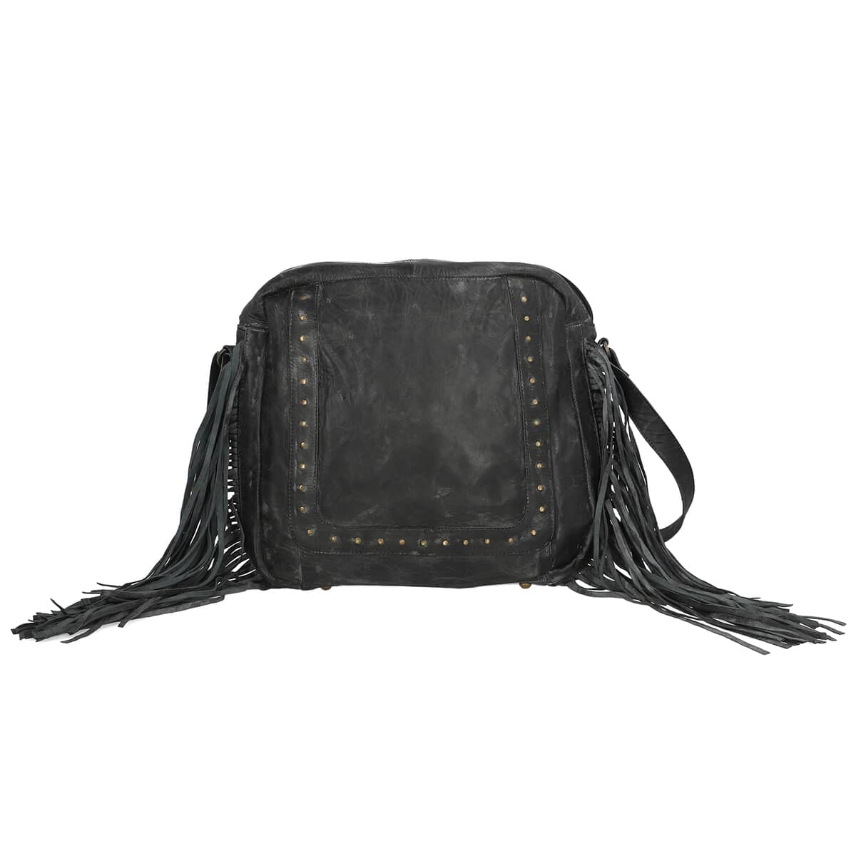 Black Genuine Leather Shoulder Bag with Fringes image number 2