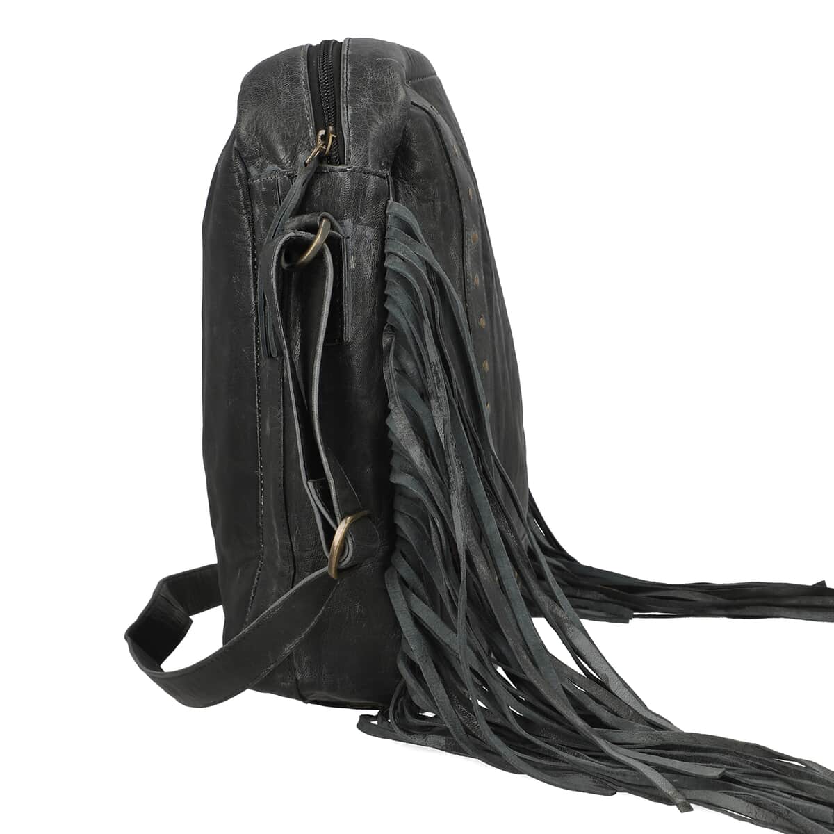 "100% Genuine Leather Shoulder Bag with Fringes SIZE: 13(L)x4(W)x11.5(H) inches COLOR: Black" image number 3