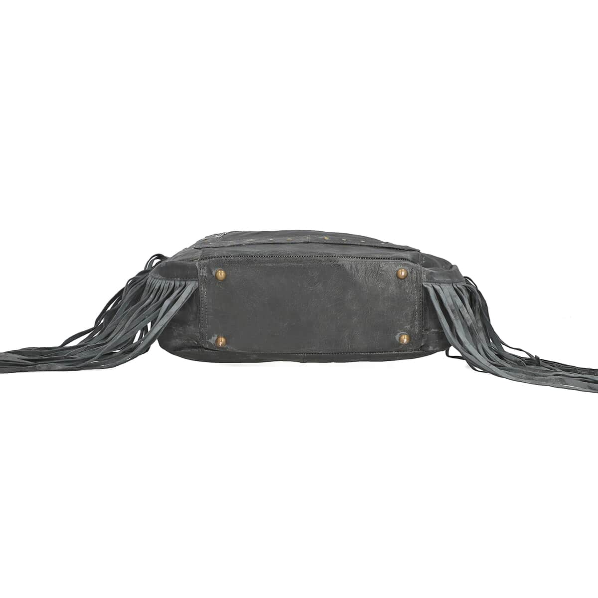 "100% Genuine Leather Shoulder Bag with Fringes SIZE: 13(L)x4(W)x11.5(H) inches COLOR: Black" image number 4