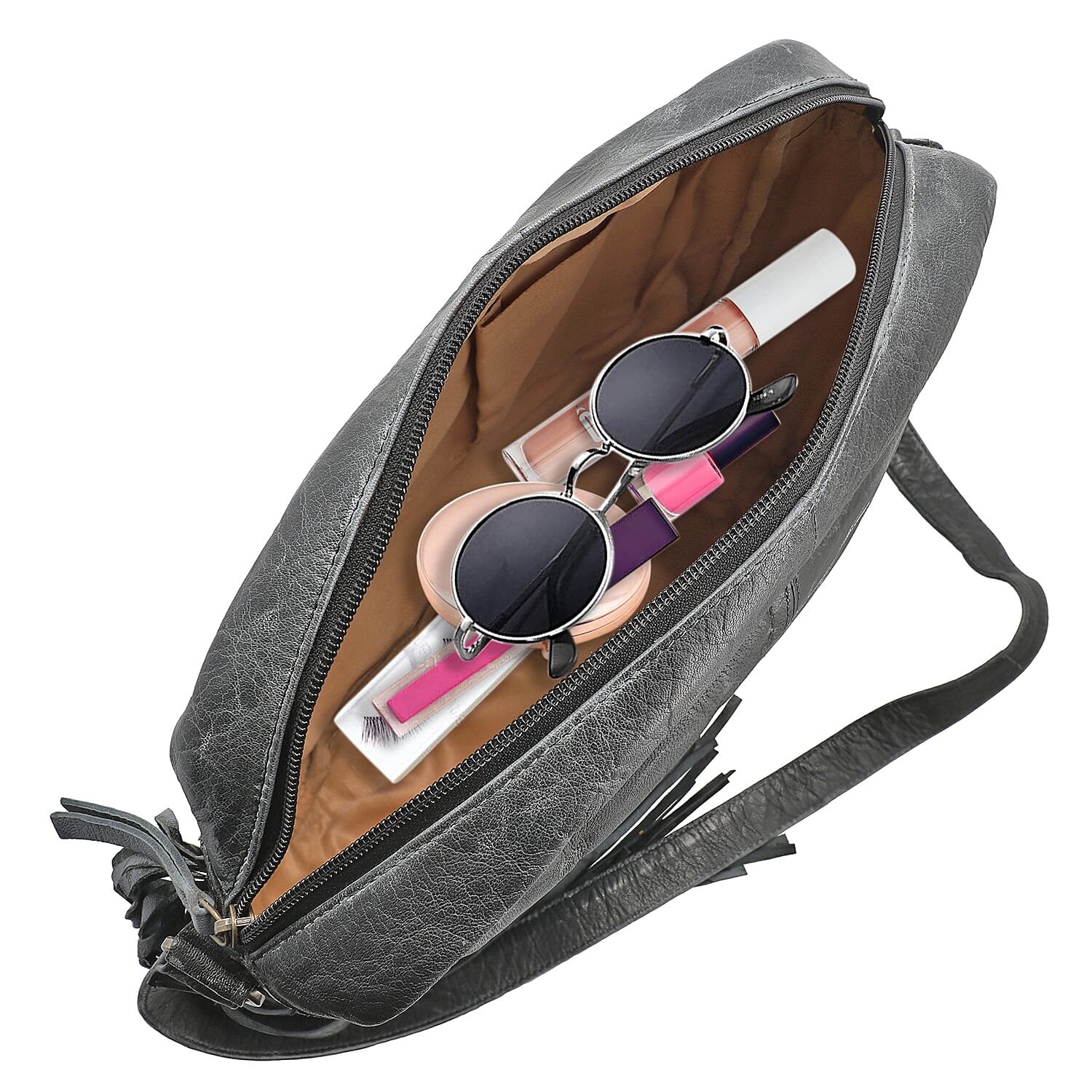Black Genuine Leather Shoulder Bag with Fringes