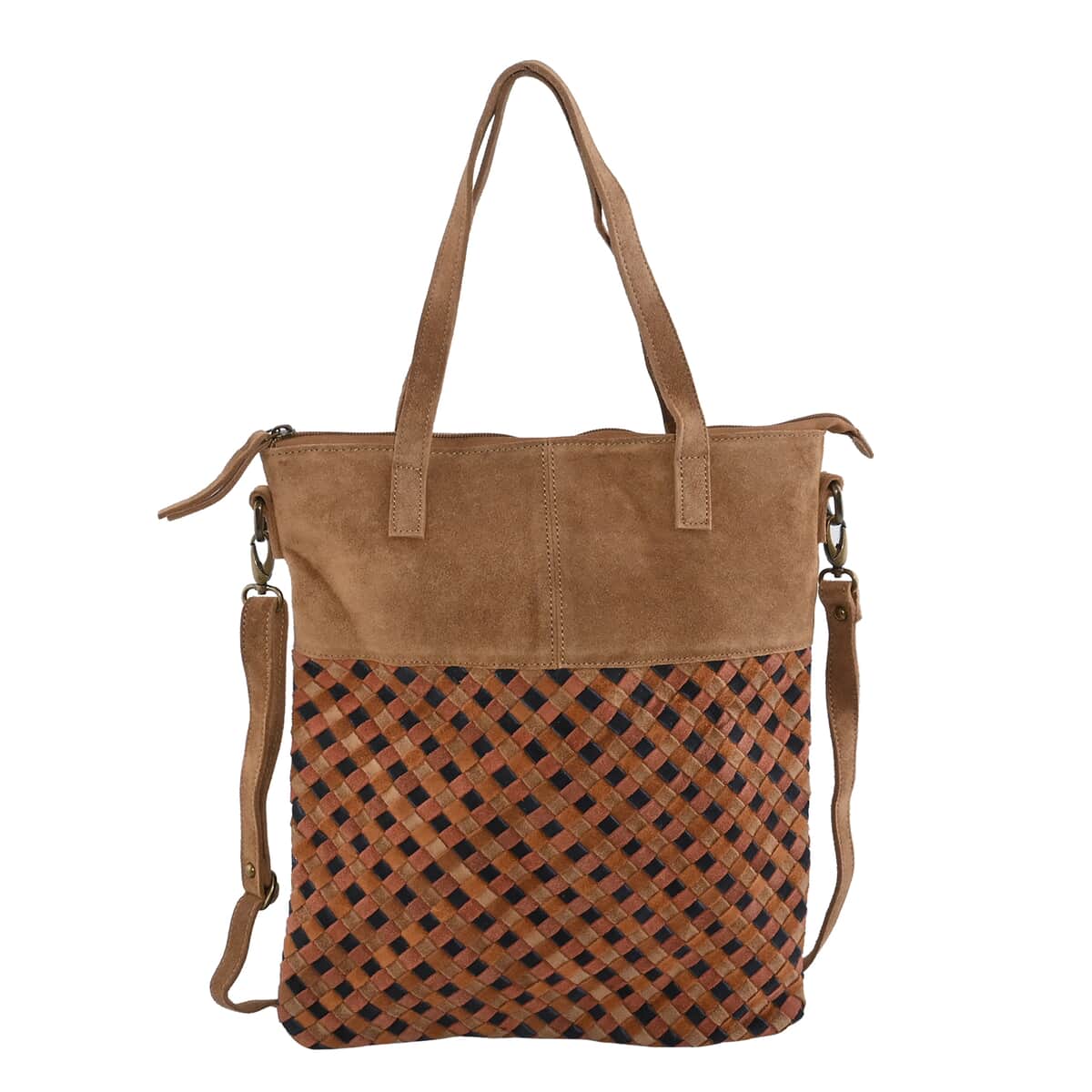 Brown Genuine Leather Weaved Tote Bag (13"x14.5") image number 0