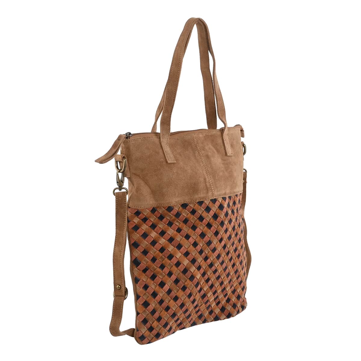 Brown Genuine Leather Weaved Tote Bag (13"x14.5") image number 1