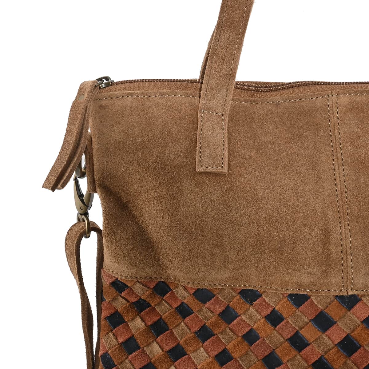 Brown Genuine Leather Weaved Tote Bag (13"x14.5") image number 5