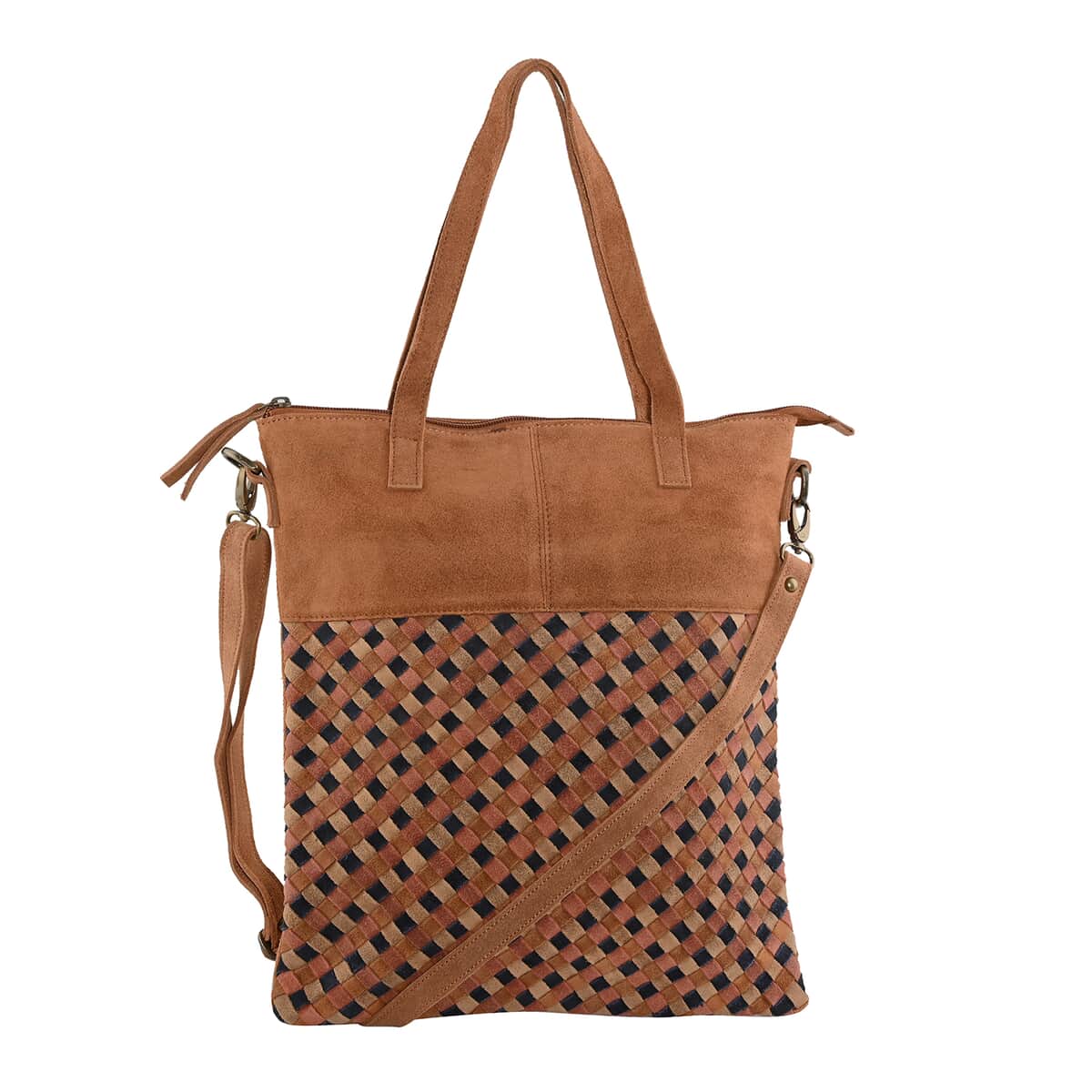 Tan Genuine Leather Weaved Tote Bag image number 0