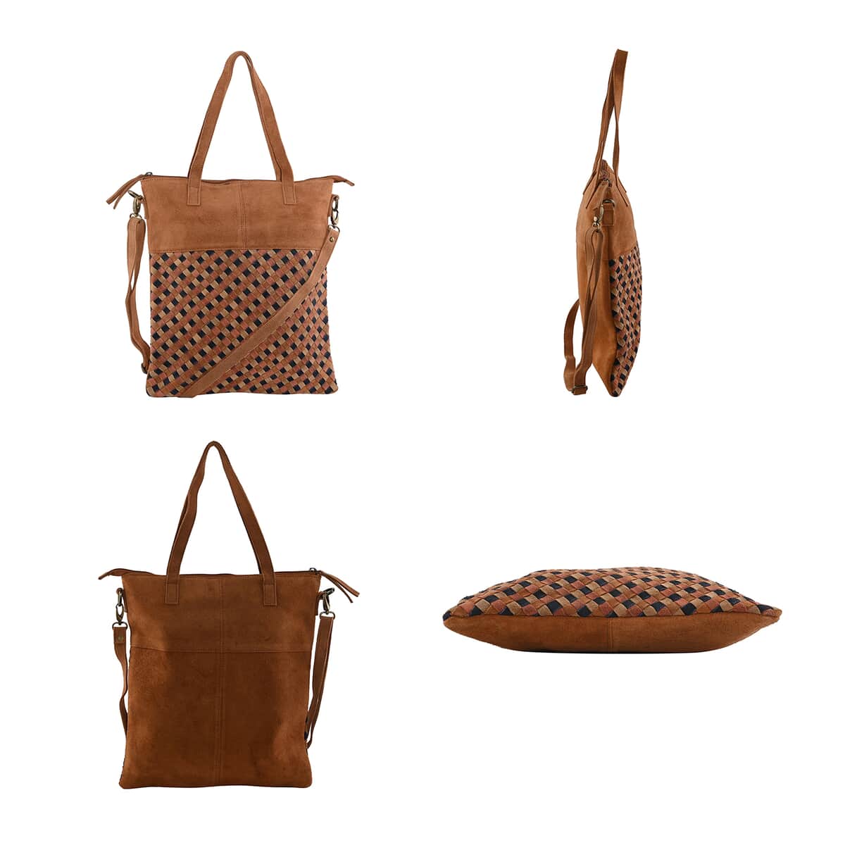 Tan Genuine Leather Weaved Tote Bag image number 1