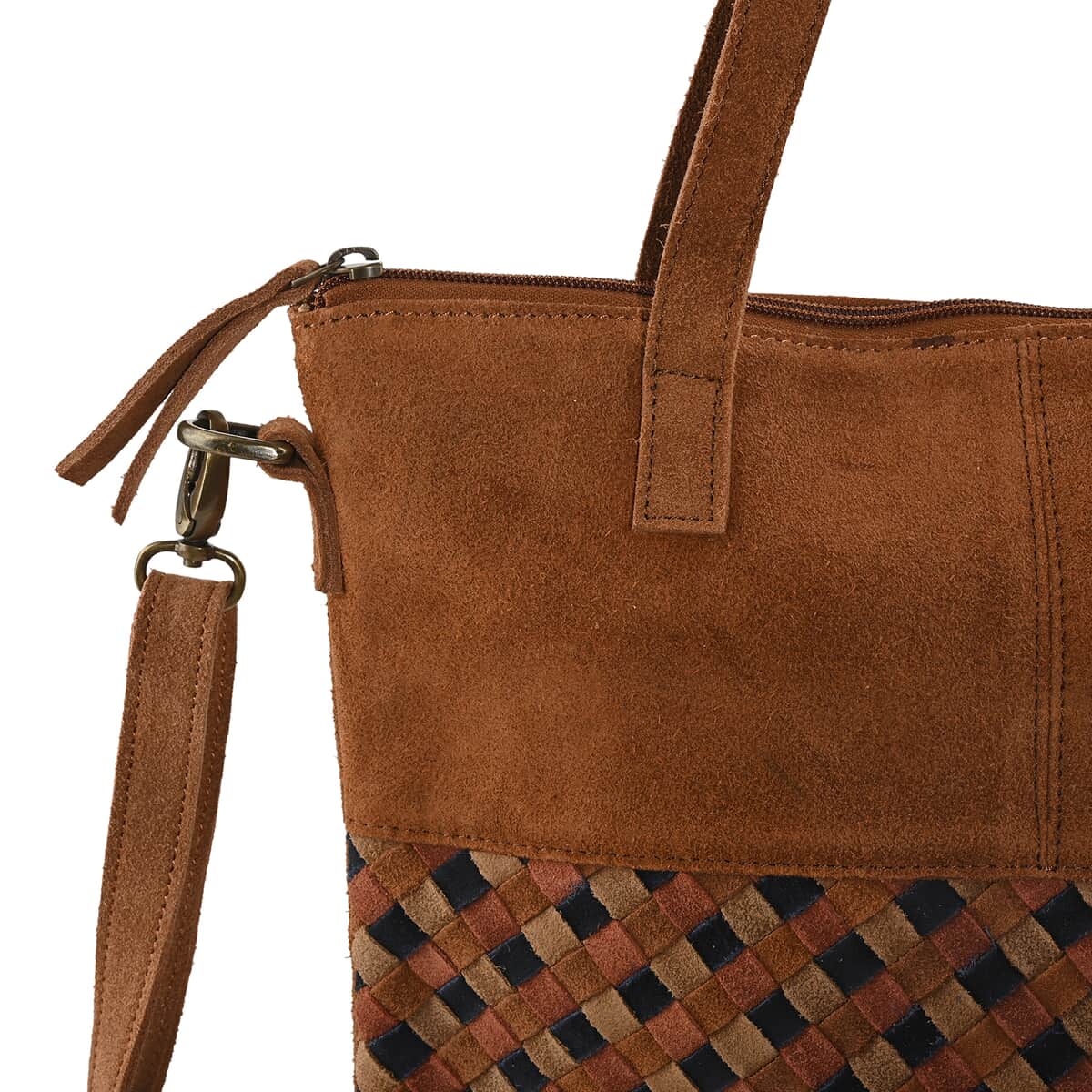 Tan Genuine Leather Weaved Tote Bag image number 3