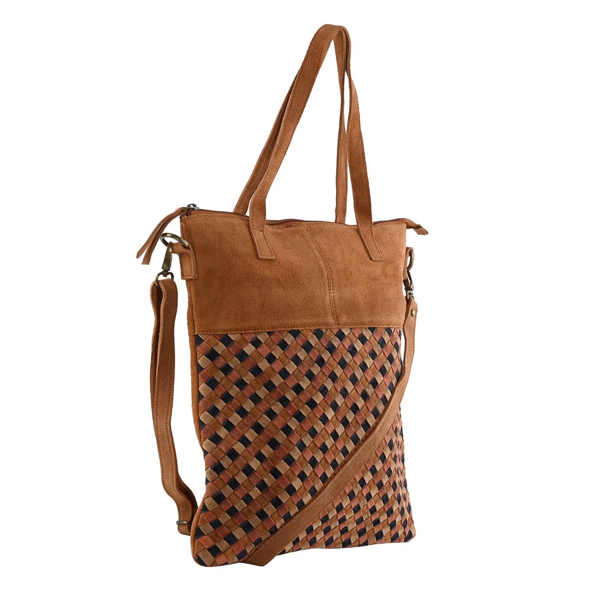Tan Genuine Leather Weaved Tote Bag image number 4