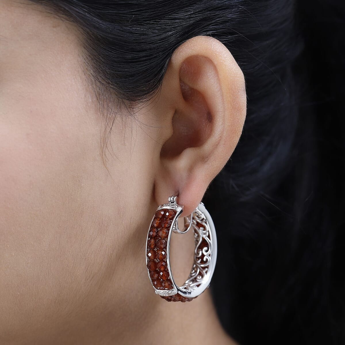 Karis Hessonite Garnet Hoop Earrings in Platinum Bond 15.00 ctw image number 2