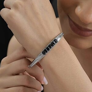 Thai Black Spinel and White Zircon Full Bangle 3.66 ctw Bracelet in Stainless Steel (7.00 In)