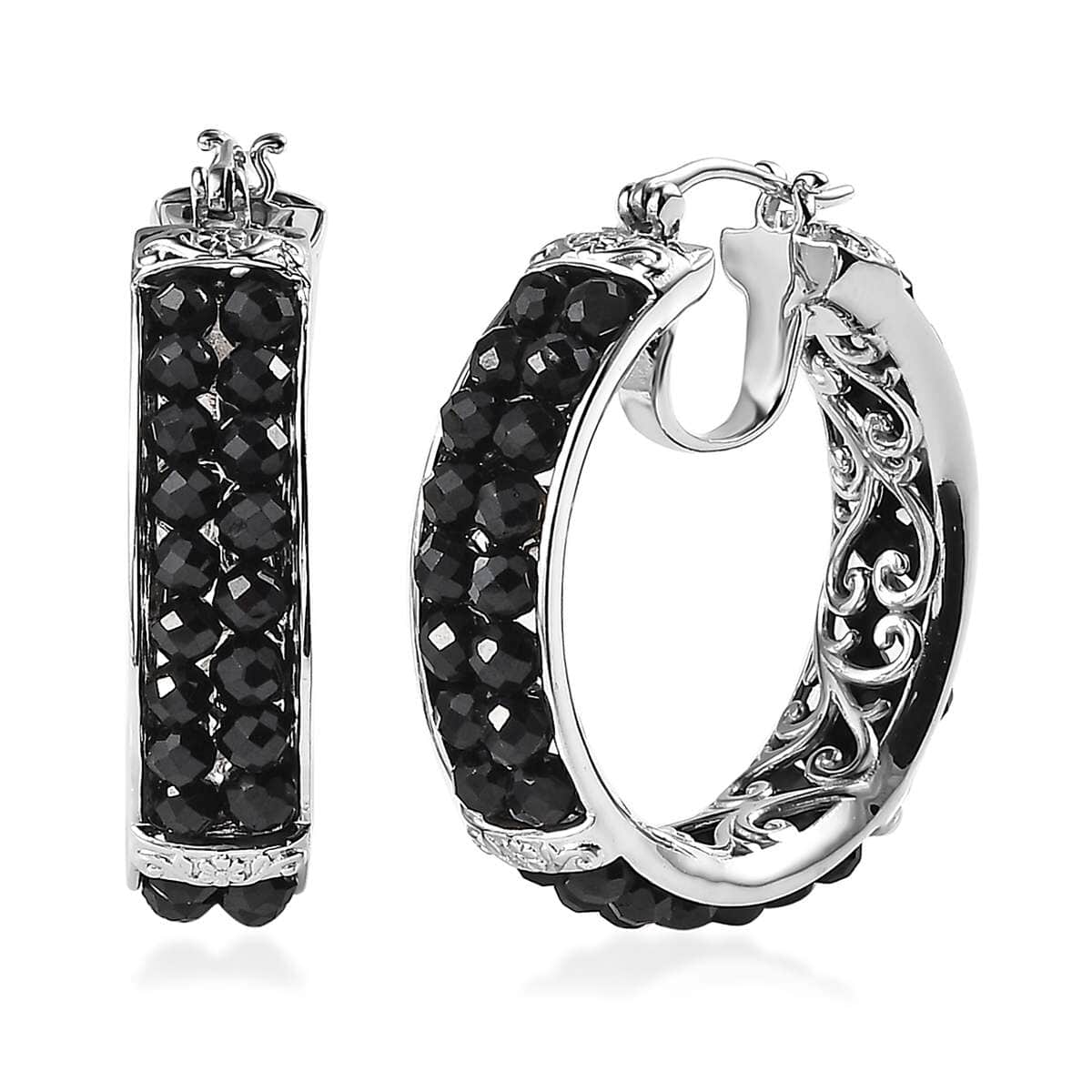 Karis Thai Black Spinel Hoop Earrings in Platinum Bond 14.00 ctw image number 0