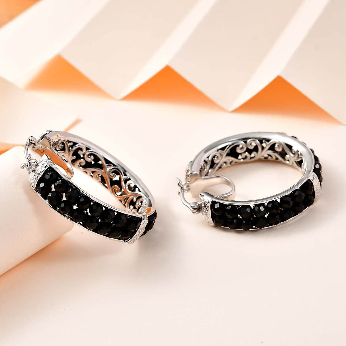 Karis Thai Black Spinel Hoop Earrings in Platinum Bond 14.00 ctw image number 1