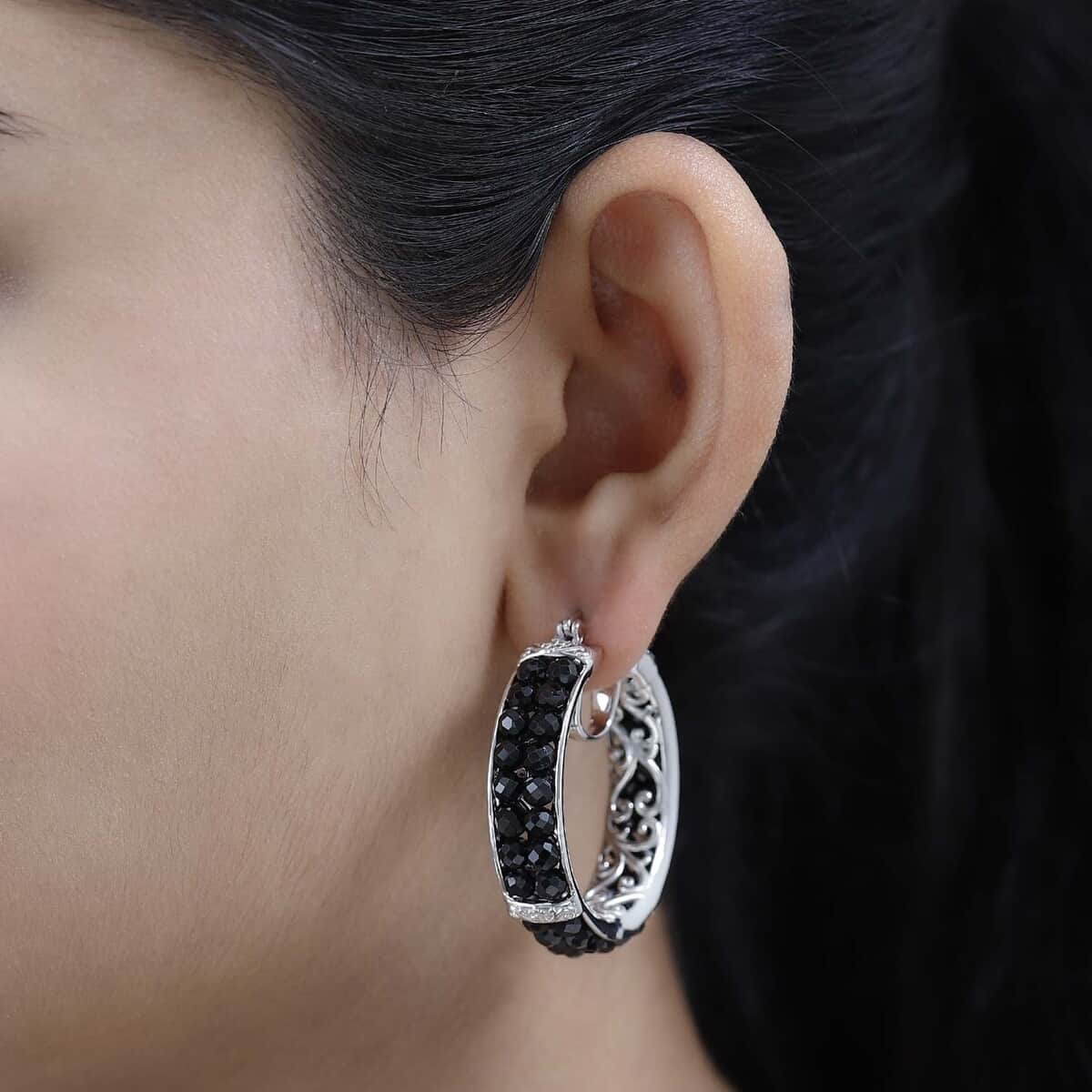 Karis Thai Black Spinel Hoop Earrings in Platinum Bond 14.00 ctw image number 2