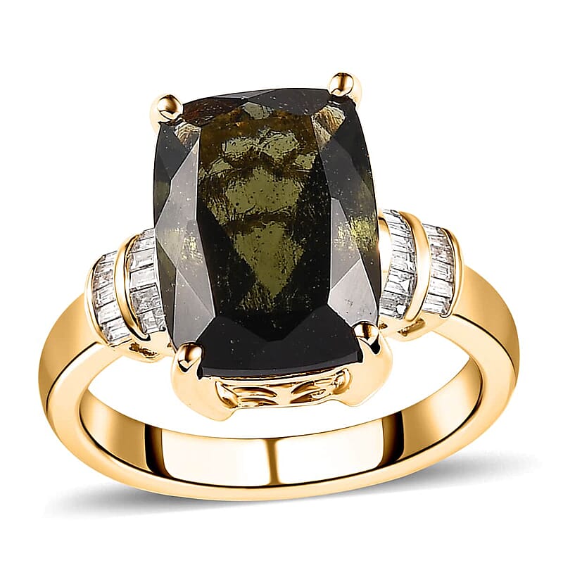 Luxoro 10K Yellow Gold Premium Bohemian Moldavite and Diamond Ring (Size 6.0) 4.10 Grams 6.00 ctw