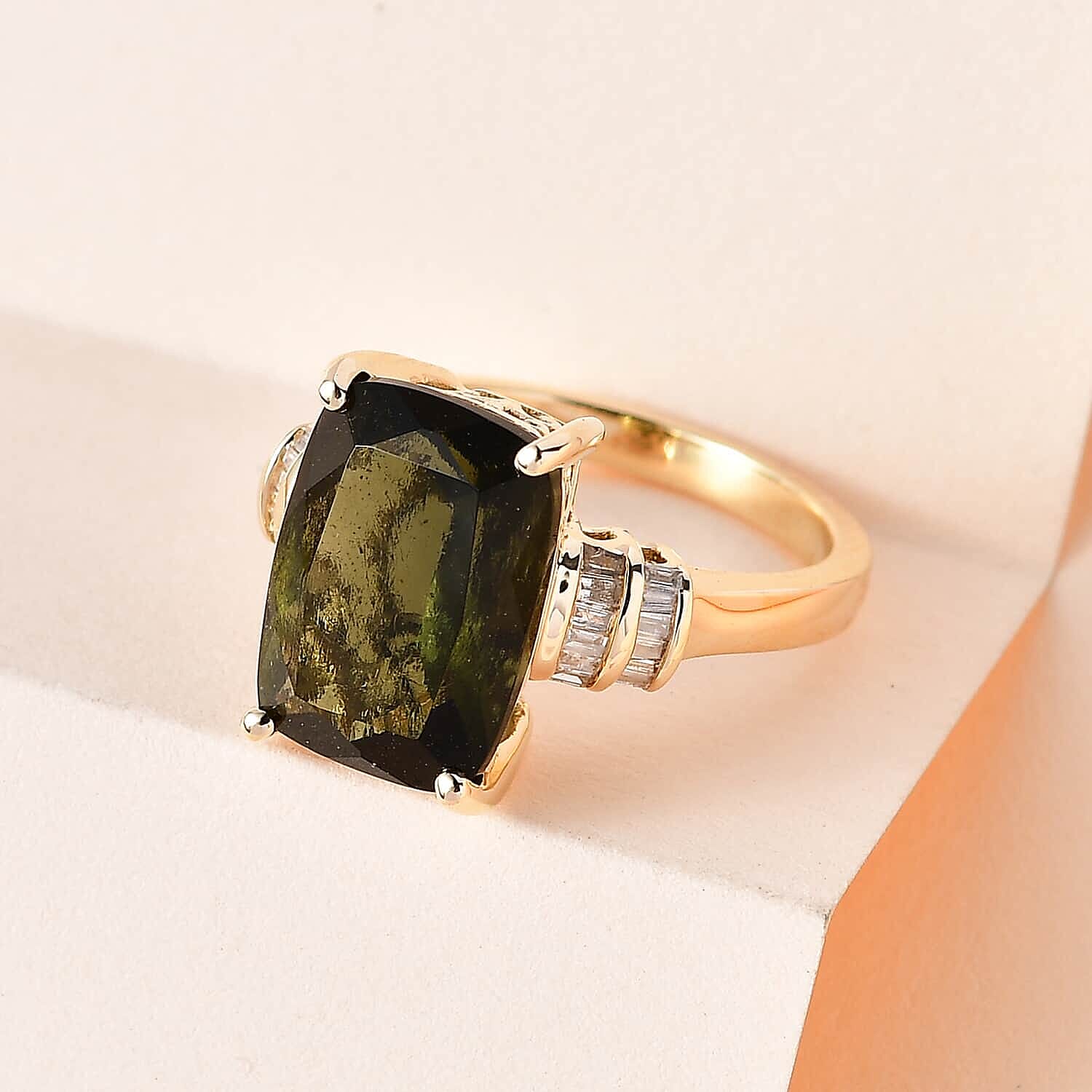 Luxoro 10K Yellow Gold Premium Bohemian Moldavite and Diamond Ring (Size 6.0) 4.10 Grams 6.00 ctw