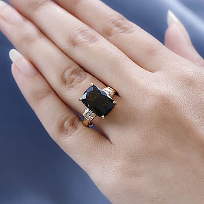 Luxoro 10K Yellow Gold Premium Bohemian Moldavite and Diamond Ring (Size 6.0) 4.10 Grams 6.00 ctw