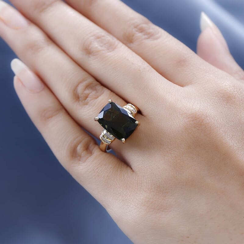 Luxoro 10K Yellow Gold Premium Bohemian Moldavite and Diamond Ring (Size 6.0) 4.10 Grams 6.00 ctw