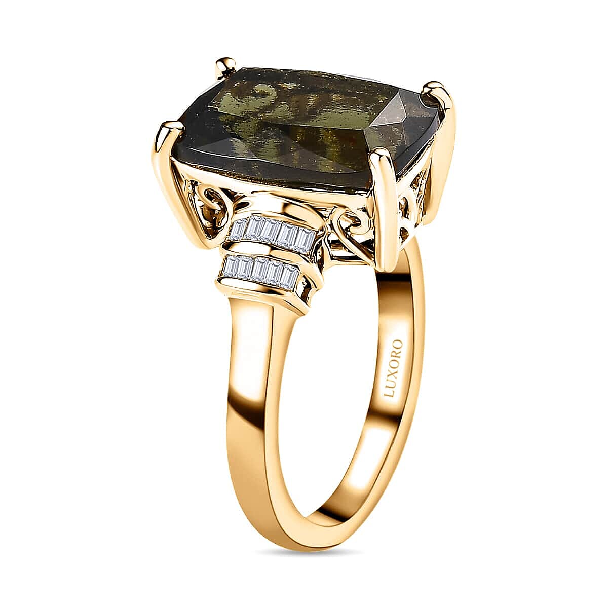Luxoro 10K Yellow Gold Premium Bohemian Moldavite and Diamond Ring (Size 6.0) 4.10 Grams 6.00 ctw