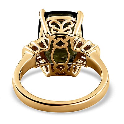 Luxoro 10K Yellow Gold Premium Bohemian Moldavite and Diamond Ring (Size 6.0) 4.10 Grams 6.00 ctw