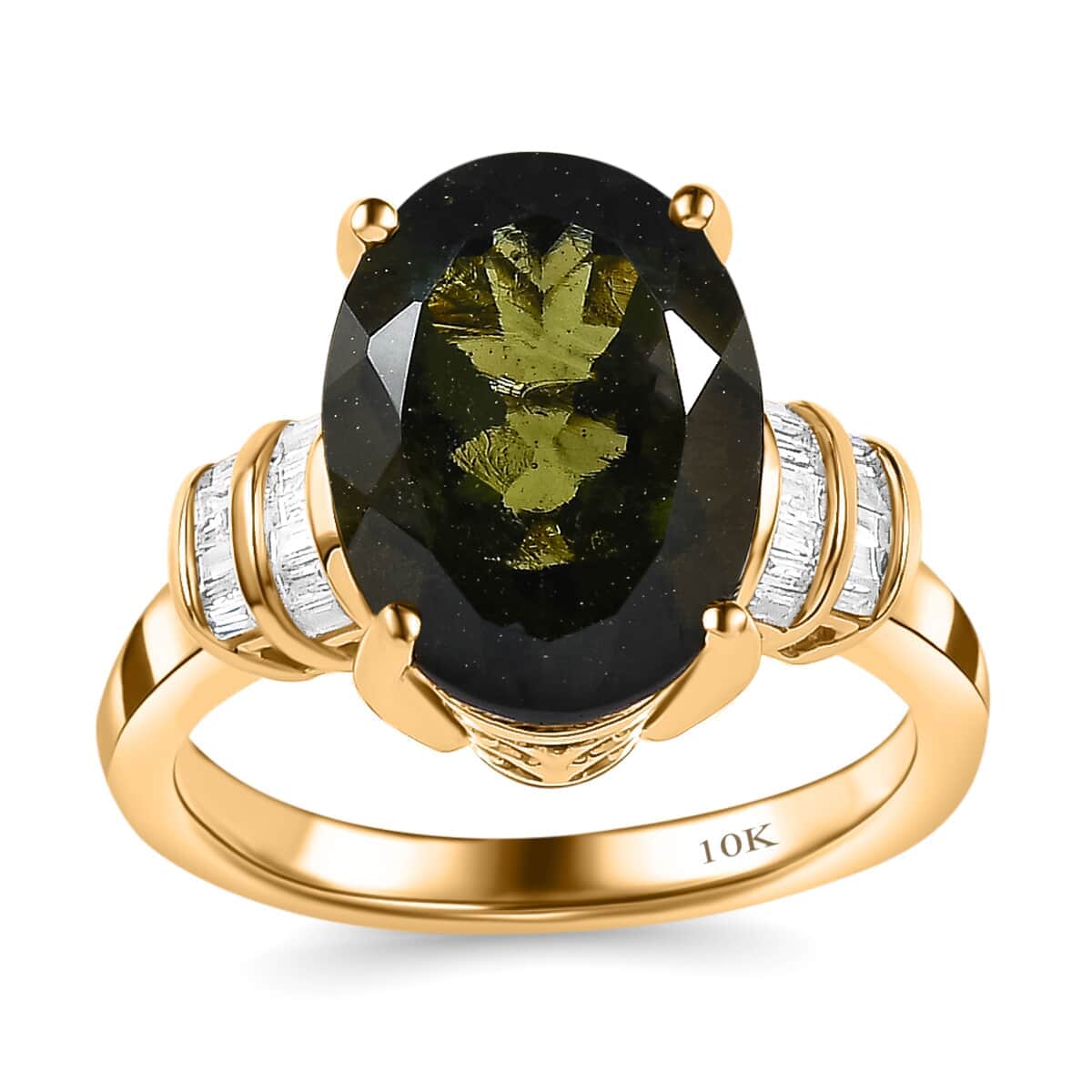 Luxoro 10K Yellow Gold Premium Bohemian Moldavite and Diamond Ring (Size 10.0) 4.40 Grams 3.70 ctw image number 0