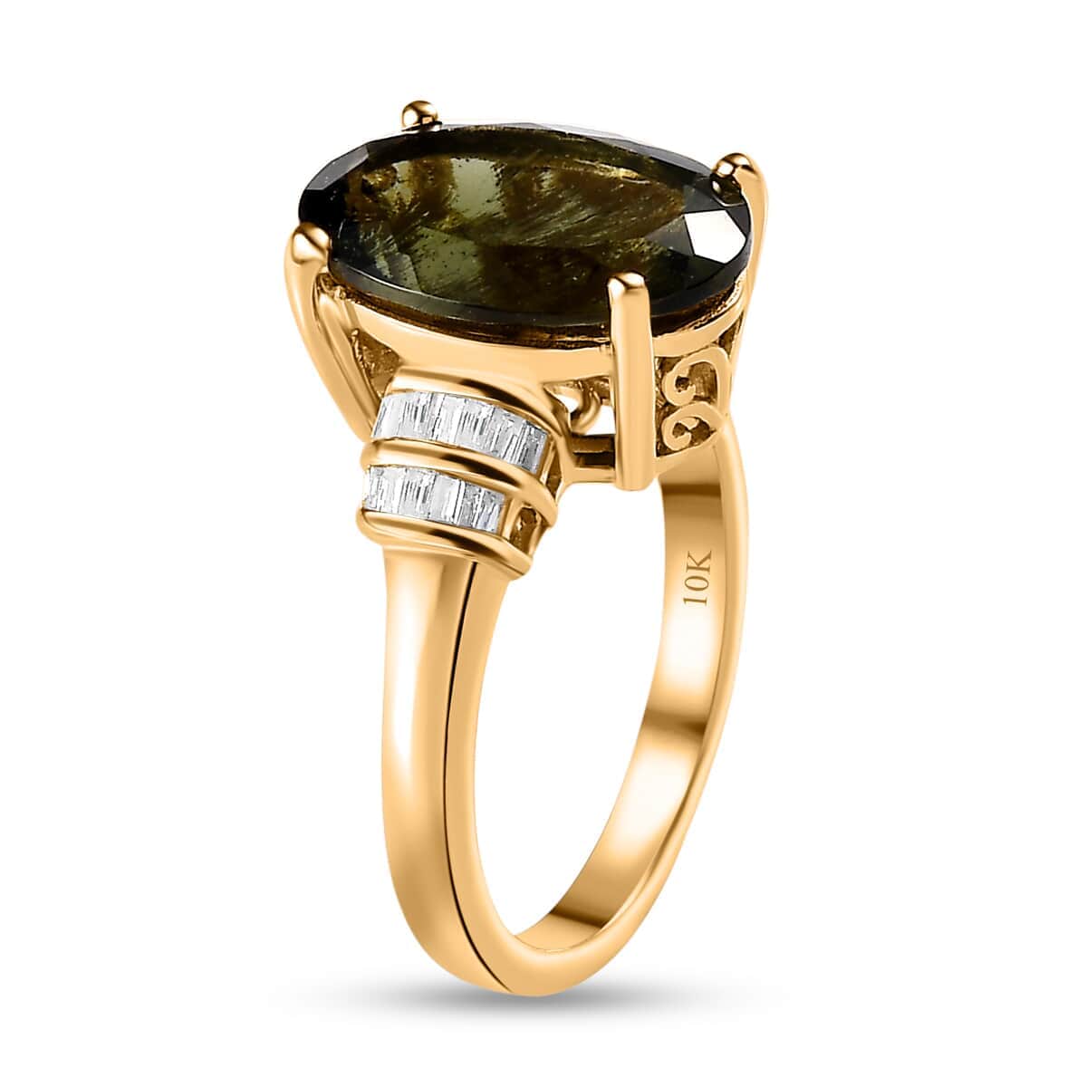 Luxoro 10K Yellow Gold Premium Bohemian Moldavite and Diamond Ring (Size 10.0) 4.40 Grams 3.70 ctw image number 3