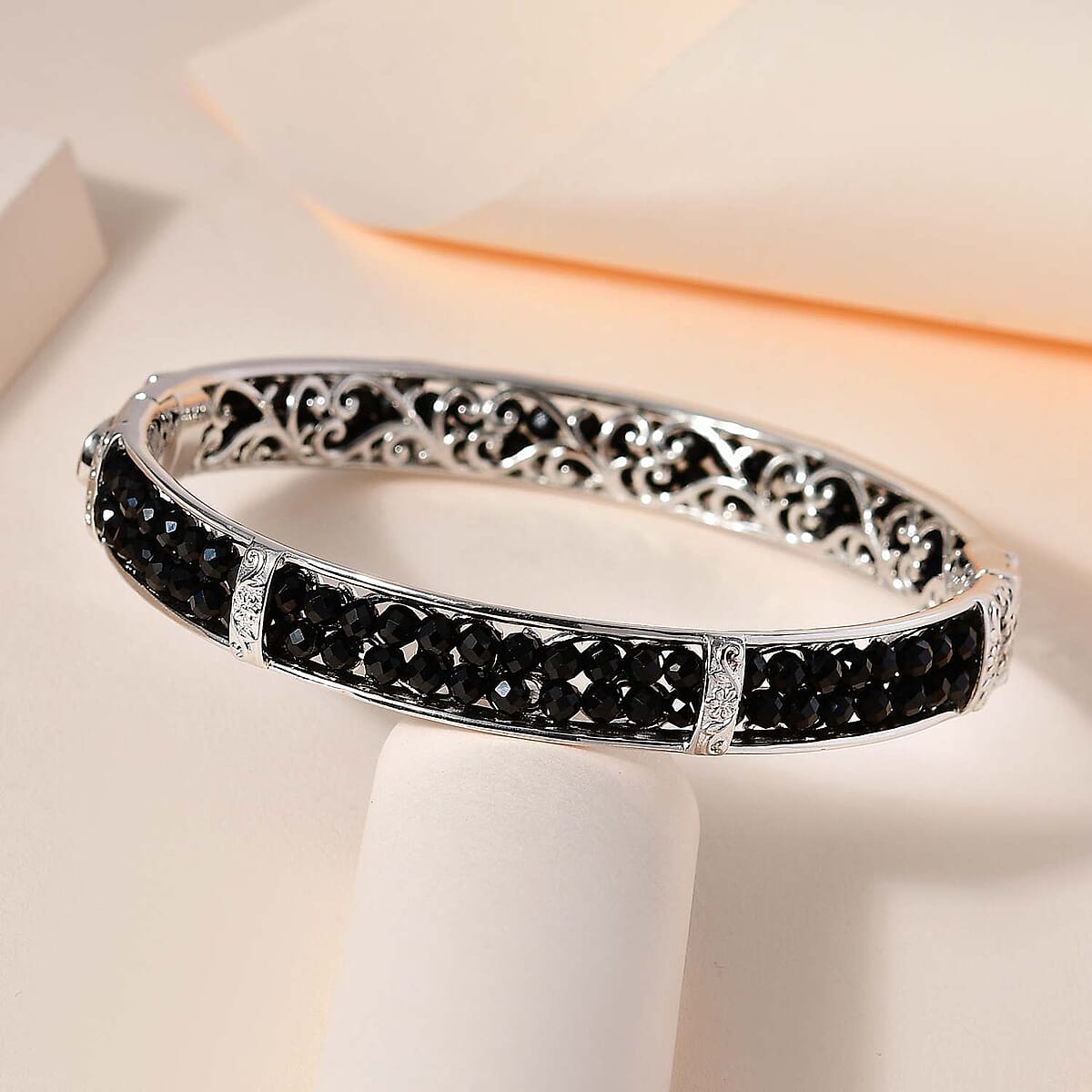 Karis Thai Black Spinel Bangle Bracelet in Platinum Bond (6.50 In) 25.00 ctw image number 1