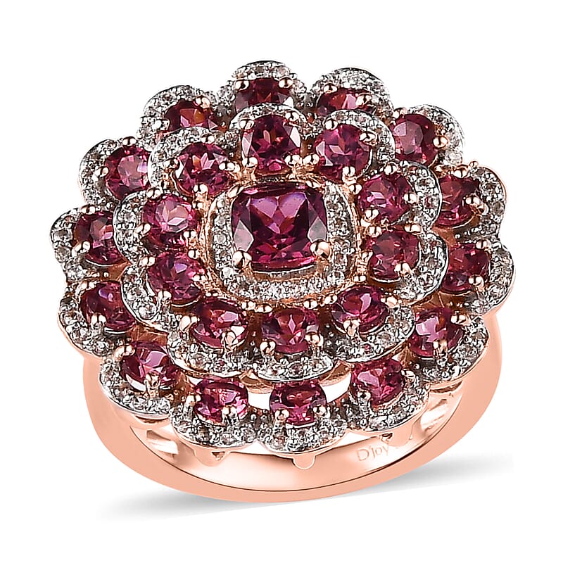 Tanzanian Rhodolite Garnet and White Zircon Floral Ring in Vermeil Rose Gold Over Sterling Silver (Size 10.0) 4.70 ctw