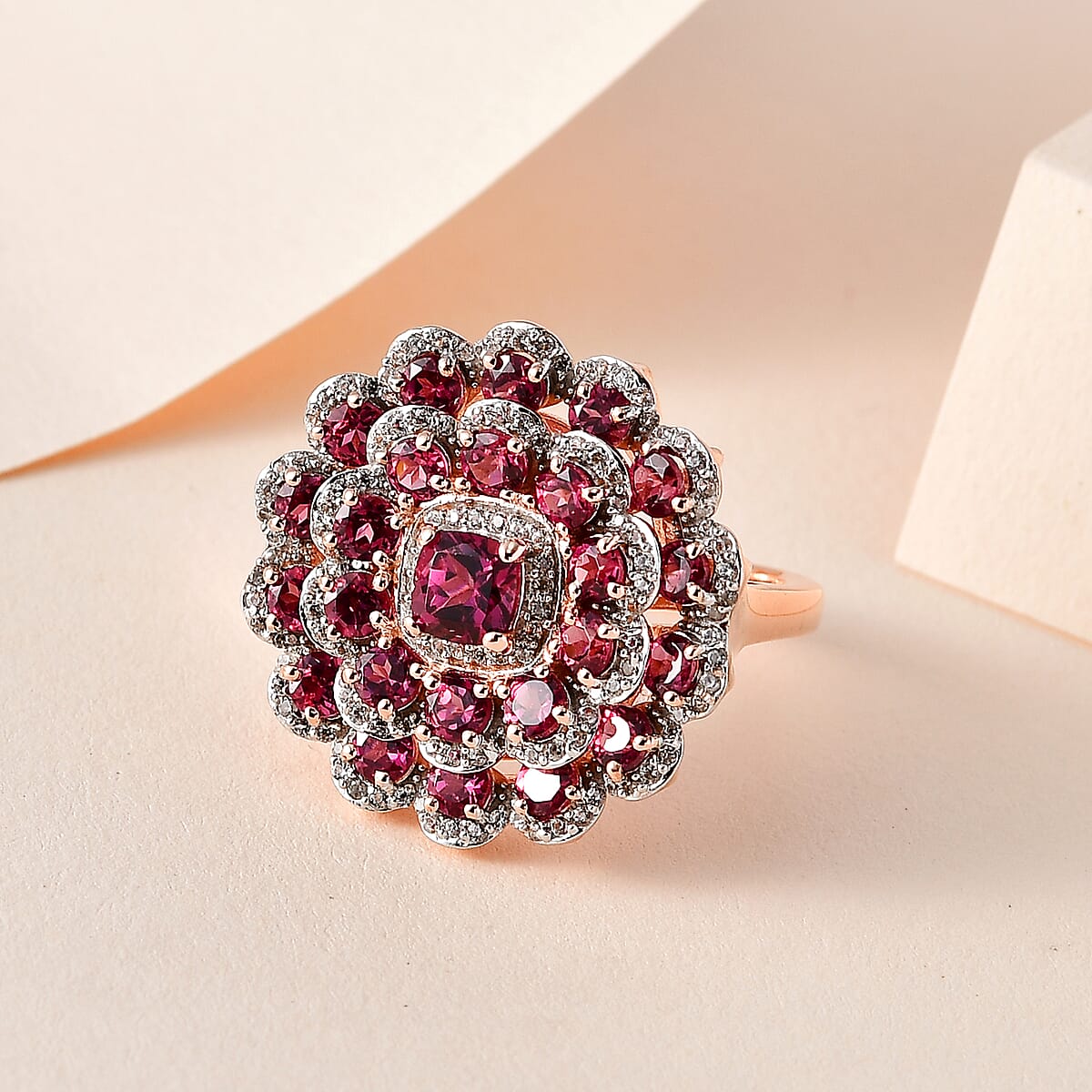Tanzanian Rhodolite Garnet and White Zircon Floral Ring in Vermeil Rose Gold Over Sterling Silver 4.70 ctw image number 1