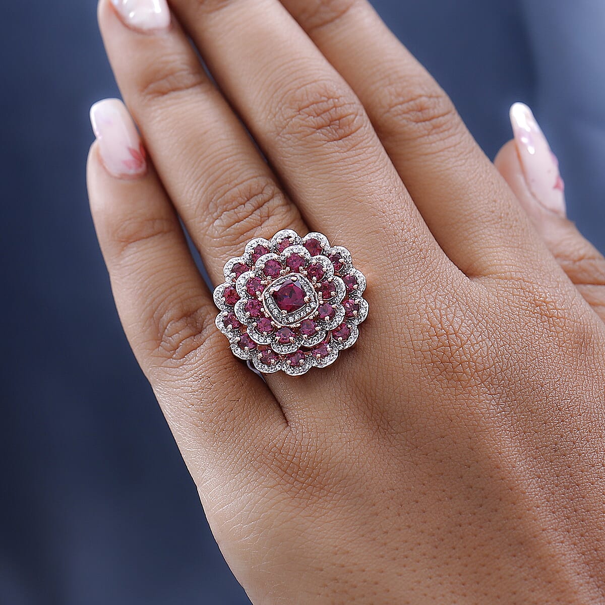 Tanzanian Rhodolite Garnet and White Zircon Floral Ring in Vermeil Rose Gold Over Sterling Silver 4.70 ctw image number 2