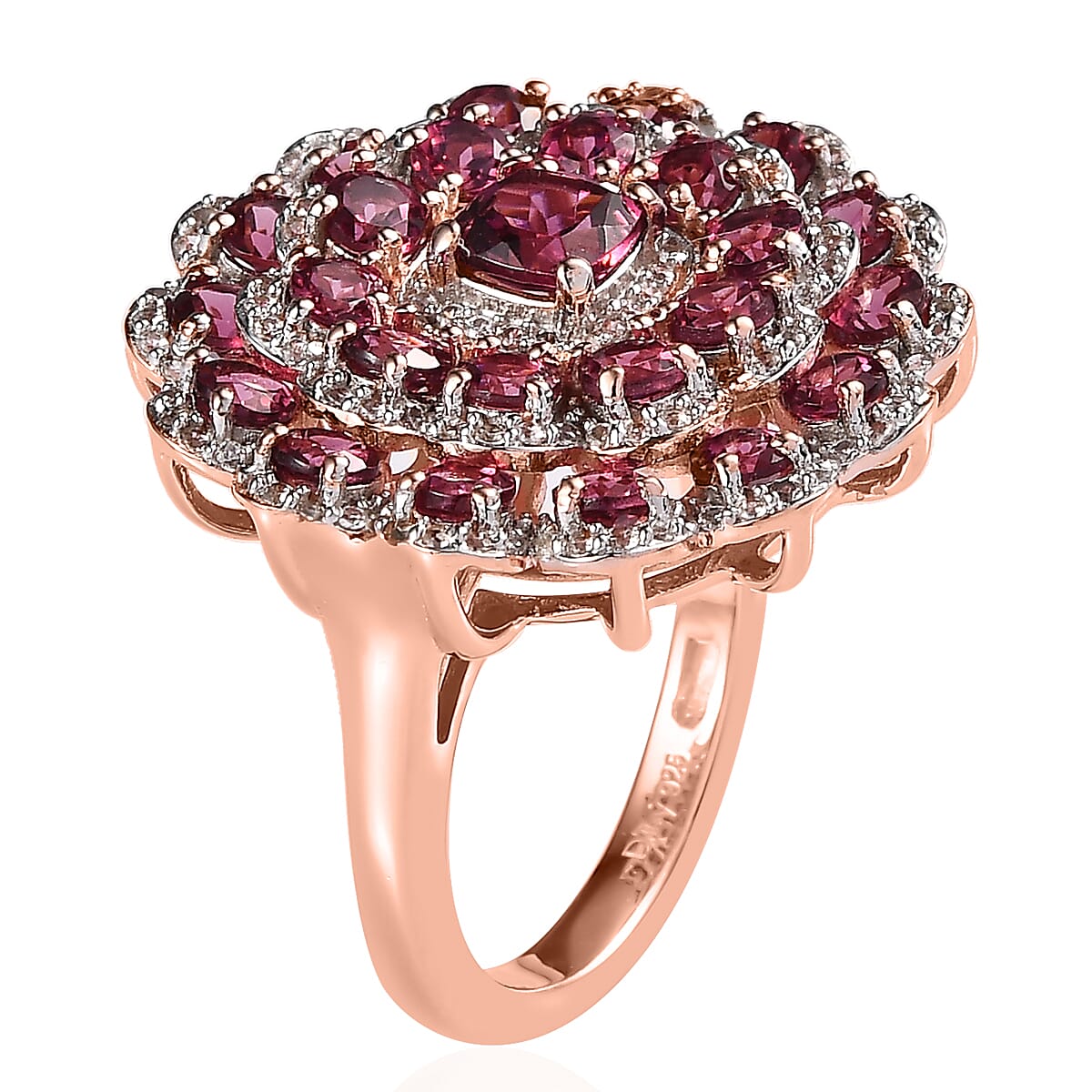 Tanzanian Rhodolite Garnet and White Zircon Floral Ring in Vermeil Rose Gold Over Sterling Silver 4.70 ctw image number 3