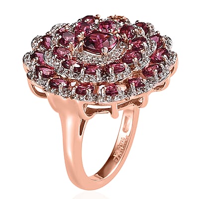Tanzanian Rhodolite Garnet and White Zircon Floral Ring in Vermeil Rose Gold Over Sterling Silver (Size 10.0) 4.70 ctw