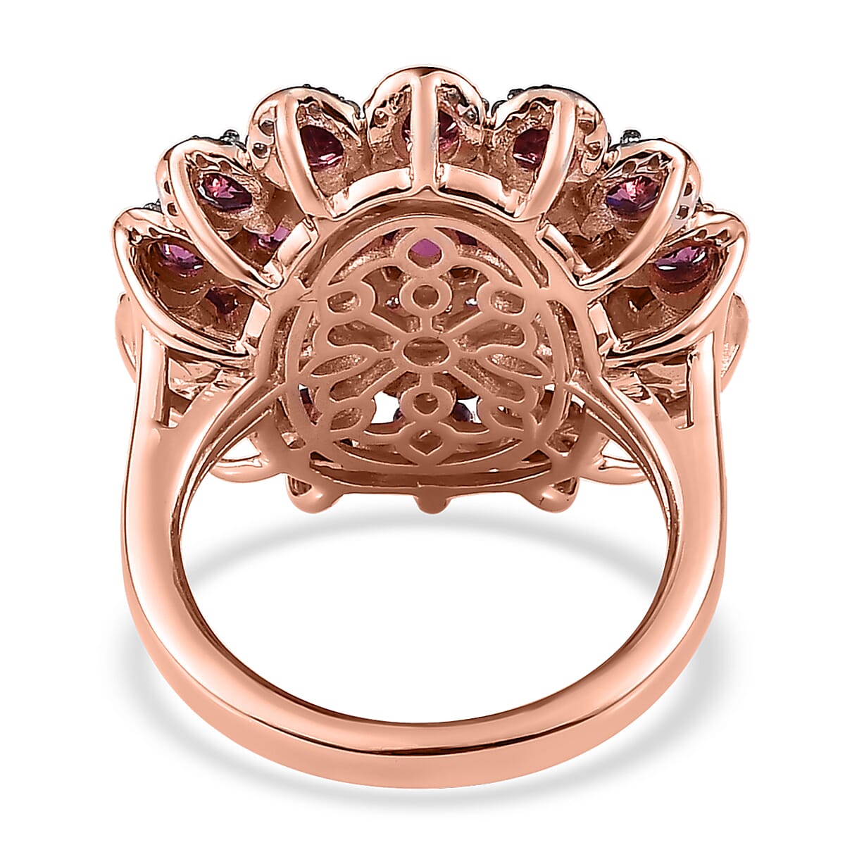 Tanzanian Rhodolite Garnet and White Zircon Floral Ring in Vermeil Rose Gold Over Sterling Silver 4.70 ctw image number 4