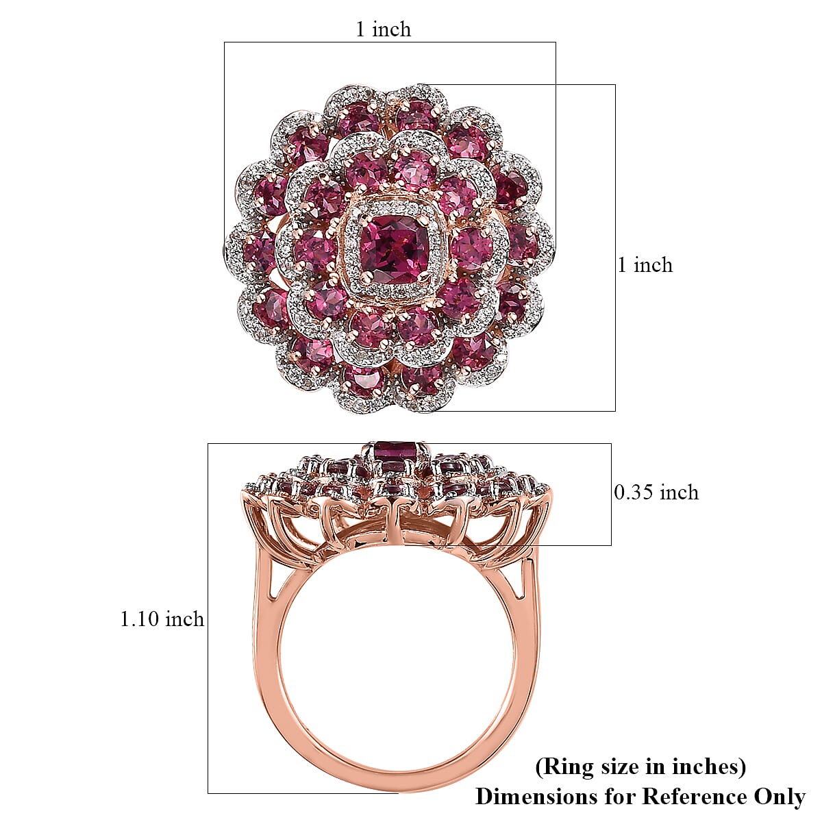 Tanzanian Rhodolite Garnet and White Zircon Floral Ring in Vermeil Rose Gold Over Sterling Silver 4.70 ctw image number 5