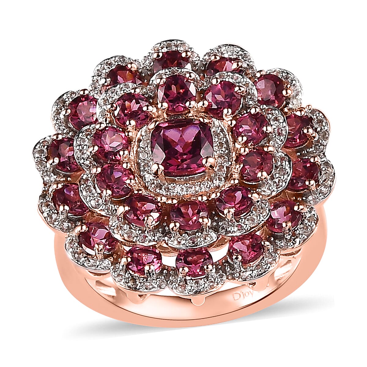 Tanzanian Rhodolite Garnet and White Zircon Floral Ring in Vermeil Rose Gold Over Sterling Silver (Size 6.0) 4.70 ctw