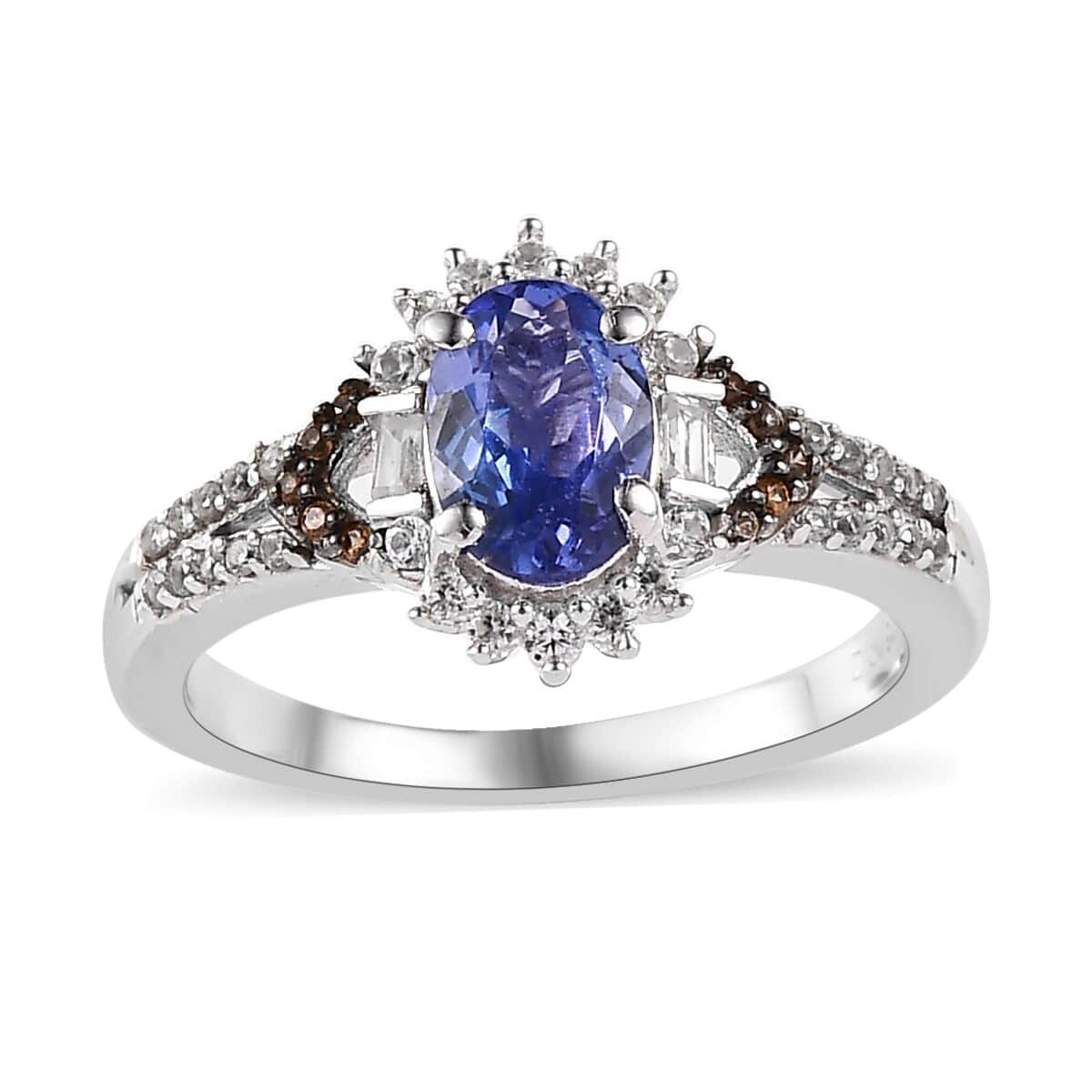 Tanzanite and White and Coffee Zircon Split Shank Ring in Platinum Over Sterling Silver (Size 10.0) 1.30 ctw image number 0