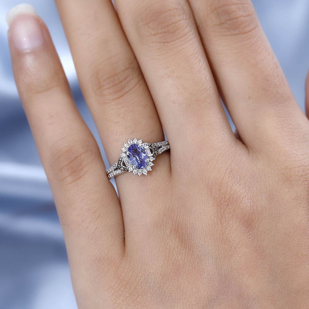 Tanzanite and White and Coffee Zircon Split Shank Ring in Platinum Over Sterling Silver (Size 10.0) 1.30 ctw image number 2