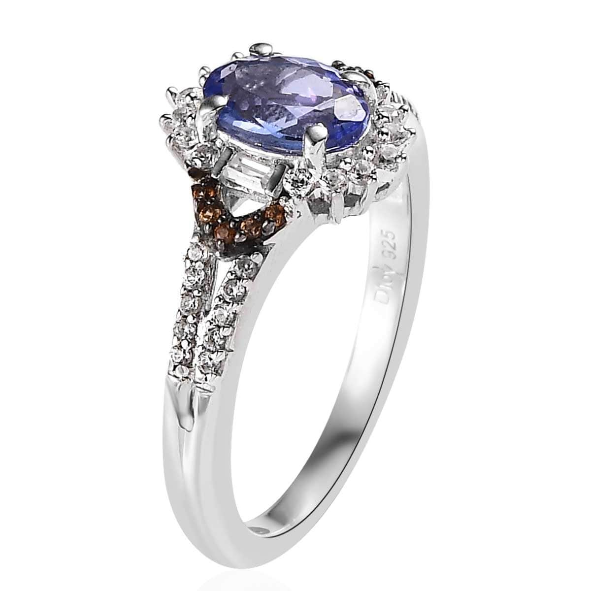 Tanzanite and White and Coffee Zircon Split Shank Ring in Platinum Over Sterling Silver (Size 10.0) 1.30 ctw image number 3