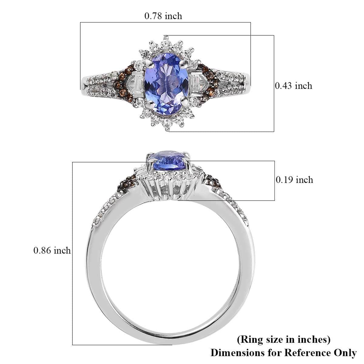 Tanzanite and White and Coffee Zircon Split Shank Ring in Platinum Over Sterling Silver (Size 10.0) 1.30 ctw image number 5