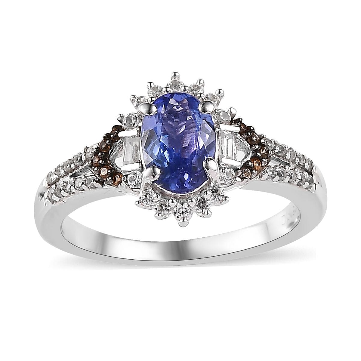 Tanzanite and White and Coffee Zircon Split Shank Ring in Platinum Over Sterling Silver (Size 5.0) 1.30 ctw
