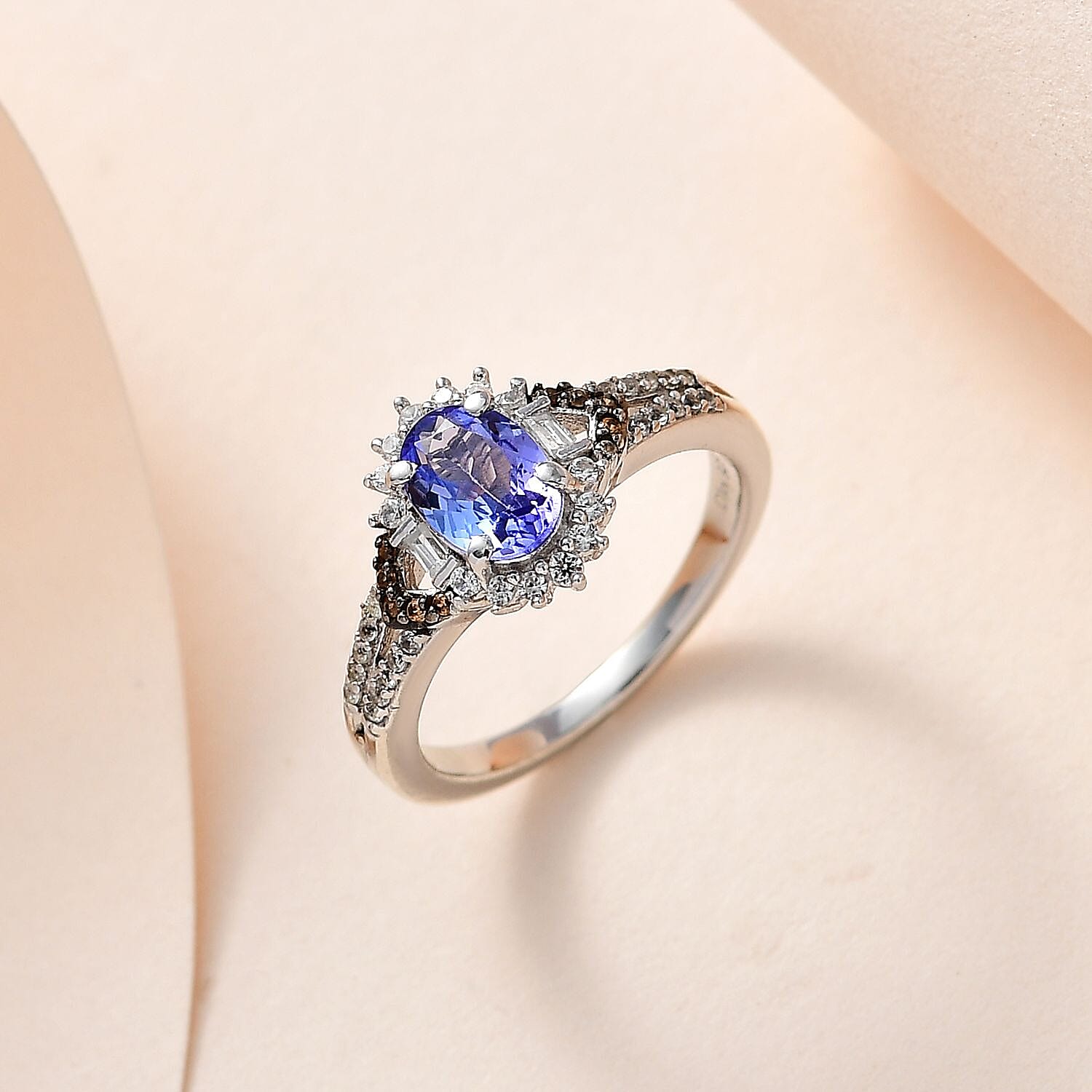 Tanzanite and White and Coffee Zircon Split Shank Ring in Platinum Over Sterling Silver (Size 5.0) 1.30 ctw