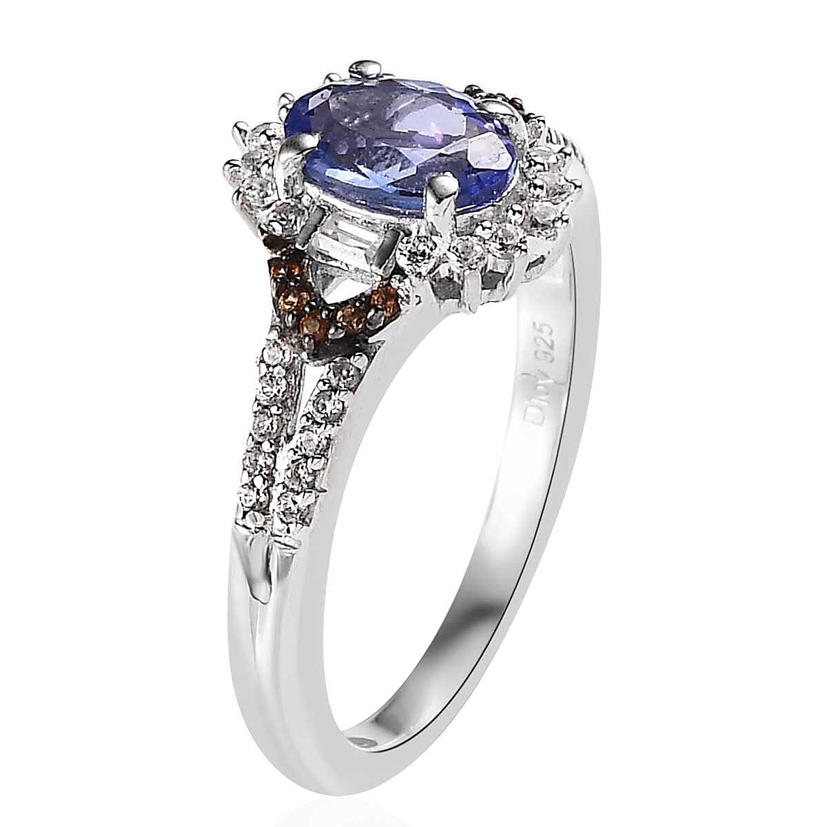 Tanzanite and White and Coffee Zircon Split Shank Ring in Platinum Over Sterling Silver (Size 5.0) 1.30 ctw