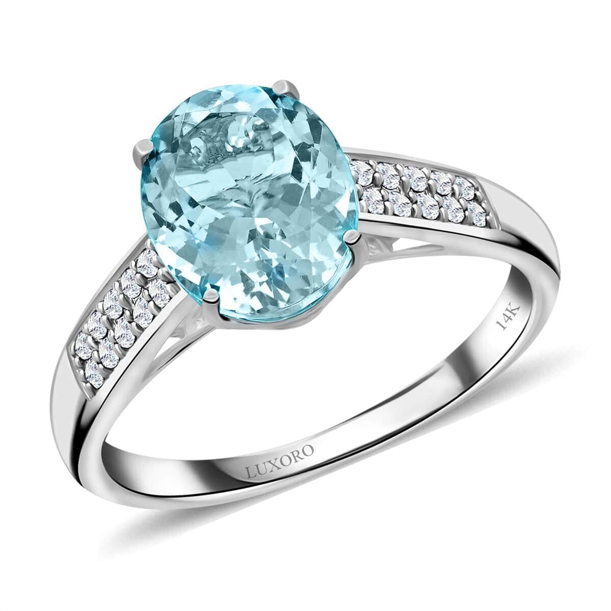 Certified & Appraised Luxoro 14K White Gold AAA Santa Maria Aquamarine and G-H I2 Diamond Ring, Promise Rings (Size 5.5) 2.50 ctw image number 0